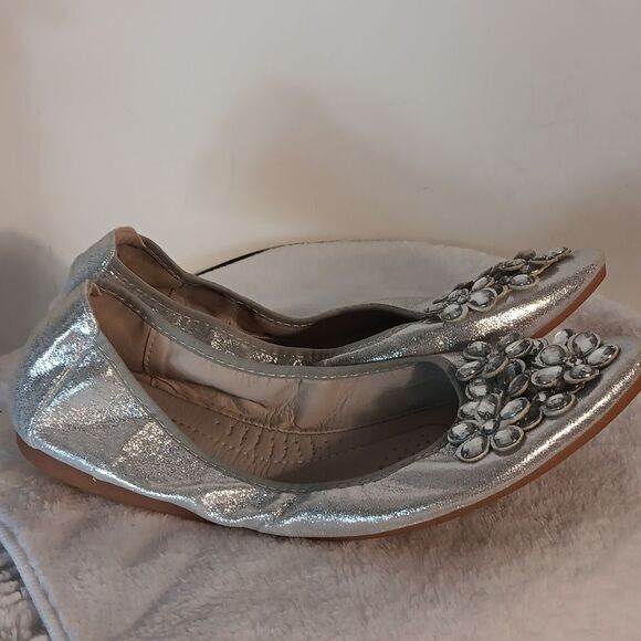 Silver Glitter Flats with Floral Embellishments - Picture 2 of 8